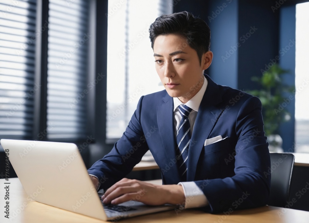 Japanise bussinesman in navy blue suit works on laptop Japanise bussinesman in navy blue suit works on laptop