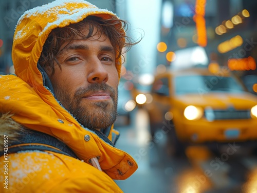 Man in winter clothes hailing taxi, depicting convenience of urban transportation service