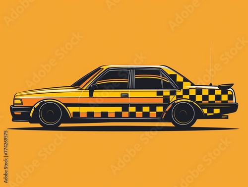 Retro style illustration of yellow checker taxi on orange background