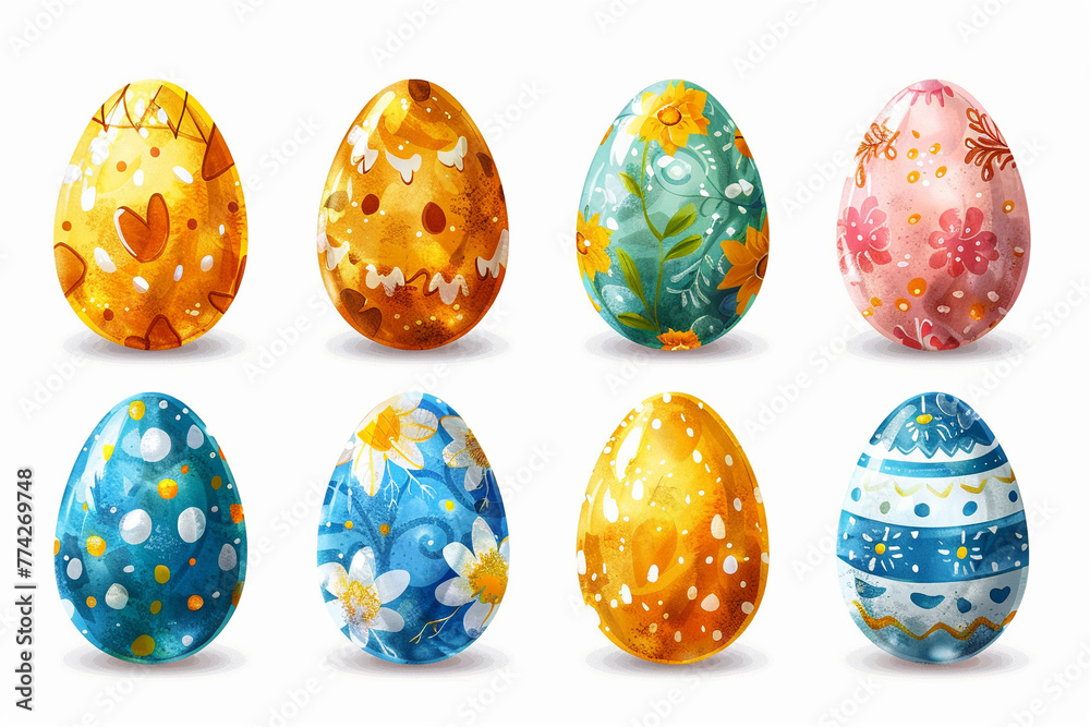 Set of easter beautiful colorful eggs with abstract patterns flat design on white background.