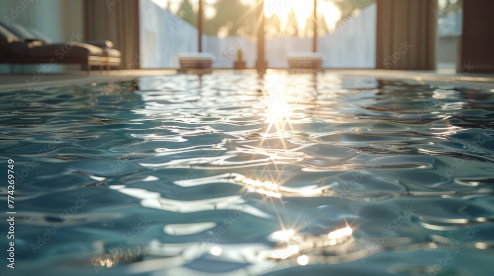 Sunlight dances on a tranquil hotel pool