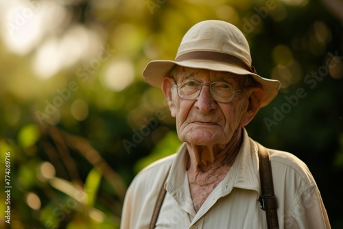 Elderly man with glasses and hat outdoors at sunset, with a thoughtful expression.