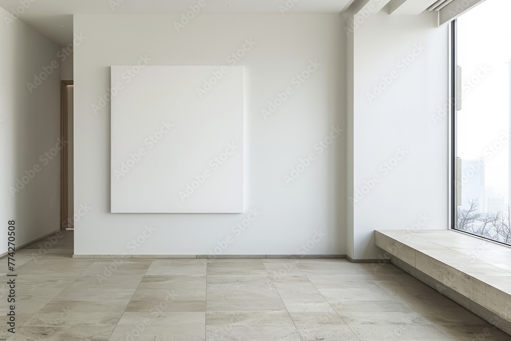 Minimalist lobby with white canvas and concrete bench Minimalist lobby with white canvas and concrete bench