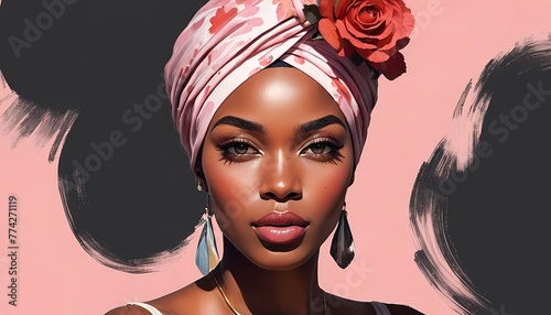 African American illustration for fashion banner. Trendy woman model. Afro hair style girl Dhuku