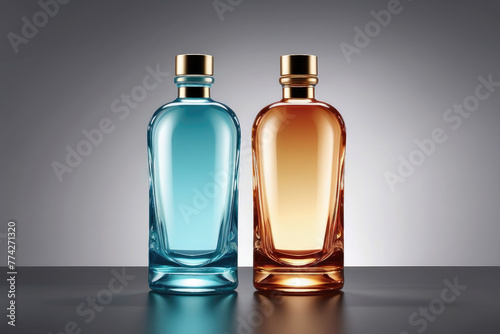 two bottles of alcohol on a table with a gold top © ekhtiar