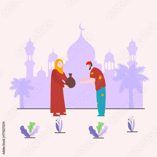 Young Muslim woman giving money to homeless people