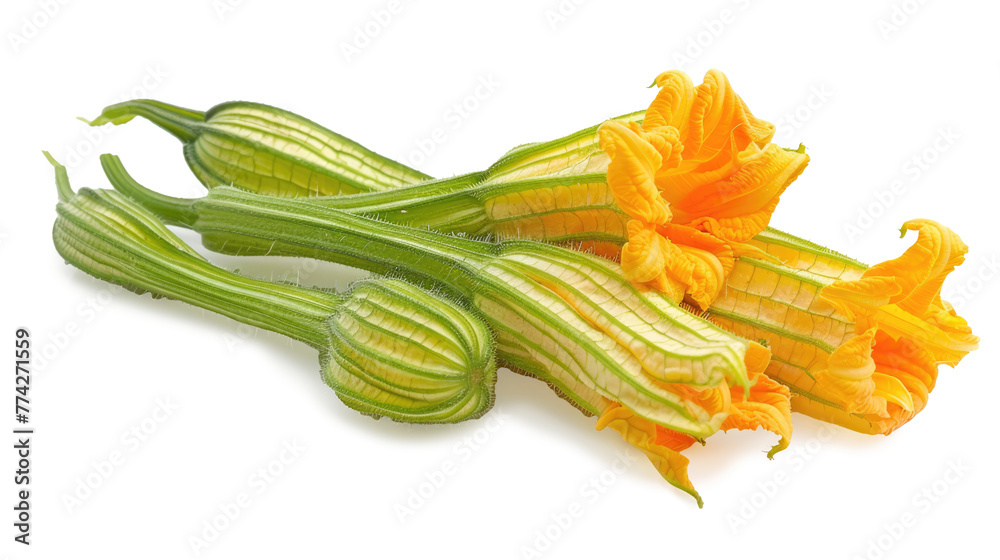 Flowering baby zucchini or courgette, isolated on transparent.