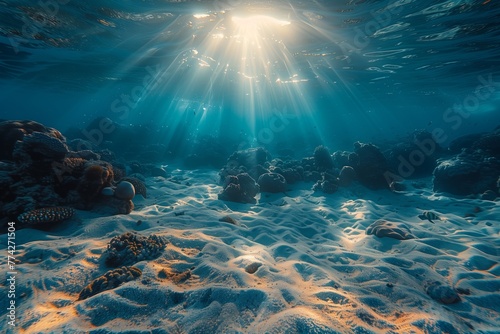 Sun rays penetrate clear blue underwater scene