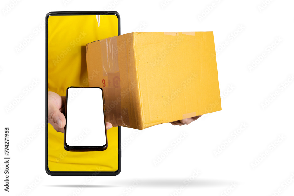A man holding a phone with a box on the screen. The box is brown and he is a delivery. A man holding a phone with a box on the screen. The box is brown and he is a delivery.
