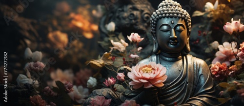 The serene garden is adorned with a tranquil statue of Buddha, creating a peaceful and spiritual atmosphere