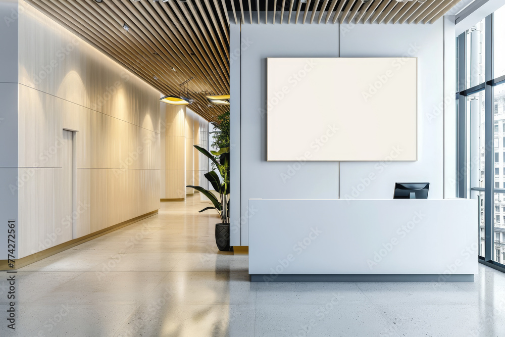 Modern office lobby with blank frame Modern office lobby with blank frame