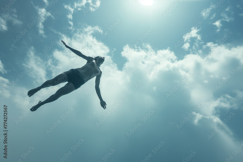 A man flying through the sky to heaven