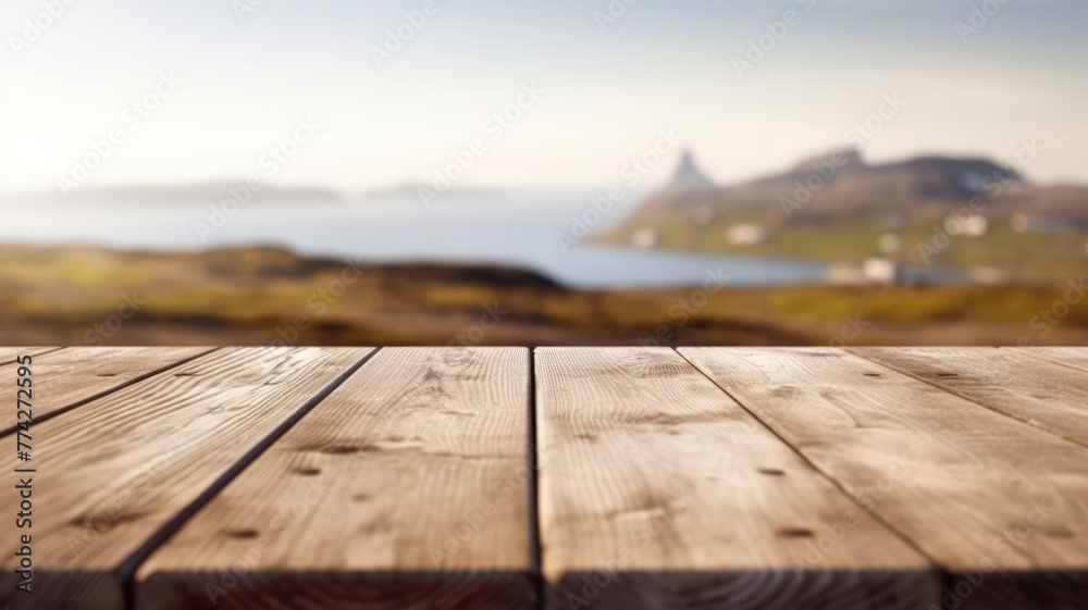 The empty wooden brown table top with blur background of Greenland in summer. Exuberant image. generative AI