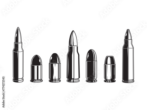 illustrations of various types of bullets. Monochrome vintage tattoo style. Vector design element.