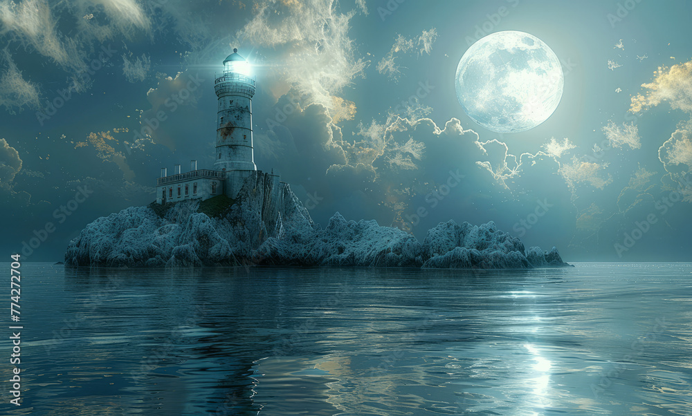Lighthouse and moon in the night