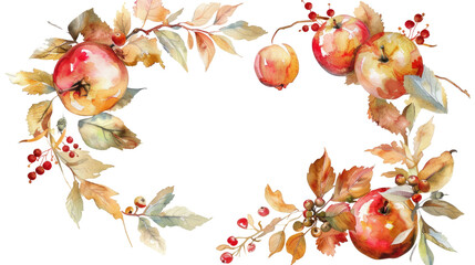 watercolor frame with colorful autumn leaves, apples and  rowan berries on transparent background.