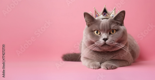Banner with british blue cat wearing golden crown laying on pink solid background with copy space. Fashion beauty for pets. Royal pleasure.