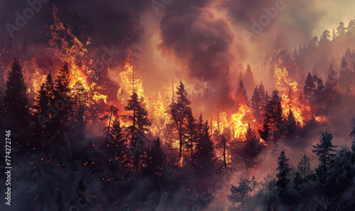 Wildfire burns through forest.