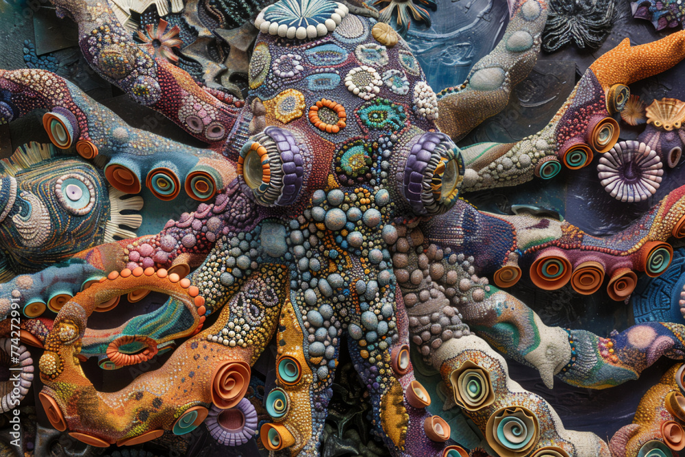 Design an abstract tapestry of marine life transformed into fanciful creatures of the deep, their enchanting forms embellished with intricate patterns and extravagant accessories 