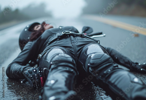 Female motorcyclist lying unconscious on the road