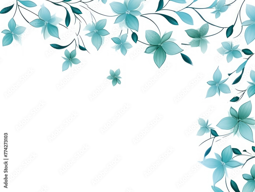 Cyan thin barely noticeable flower frame with leaves isolated on white background pattern 