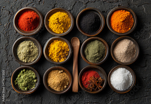 Various spices in bowls on black stone table © Vadim