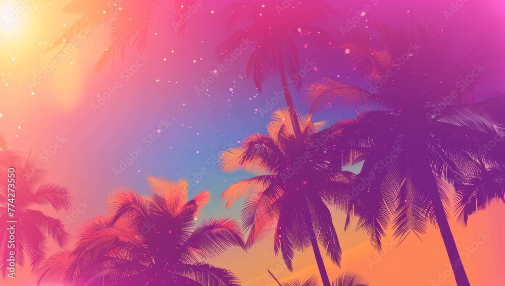 Abstract summer background with palm trees, sunset and sun rays pink purple orange gradient an attractive element for your presentation or social media profile banner Generative AI