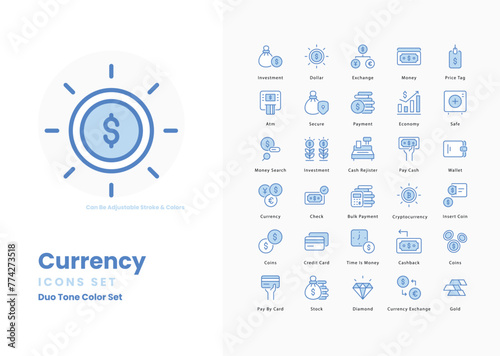 Currency icons set such as, Dollar, Euro, Pound, Yen, Yuan, Rupee, Franc, Peso, Lira, Baht, Rand, Ruble, Won, Shekel, vector stock illustration