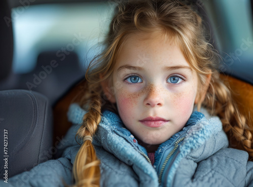 Adorable little girl with snowflakes on her face sitting in the car on winter day