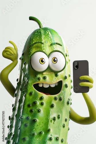 3D cucumber character taking a selfie, waving.