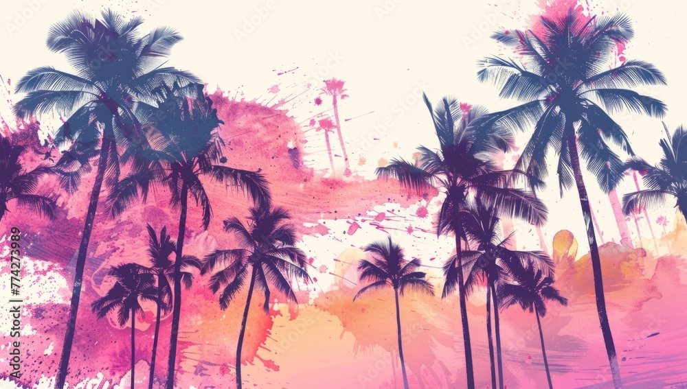 Tropical palm trees on a sunset background with space for text Generative AI