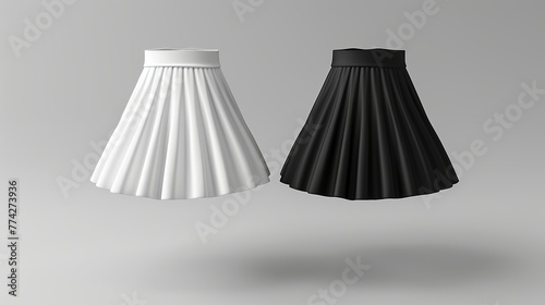 Side view of a blank black and white women's miniskirt mockup rendered in 3D. Knife-pleated dress made from empty fabric, school outfit. Simple circle or classy woman's dress template.