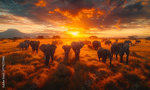 Sunset of animals on the plains with mountains, in the style of majestic elephants photo