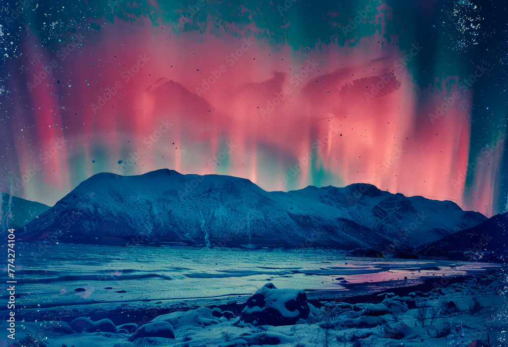 Naklejka premium Northern lights and mountains in the background