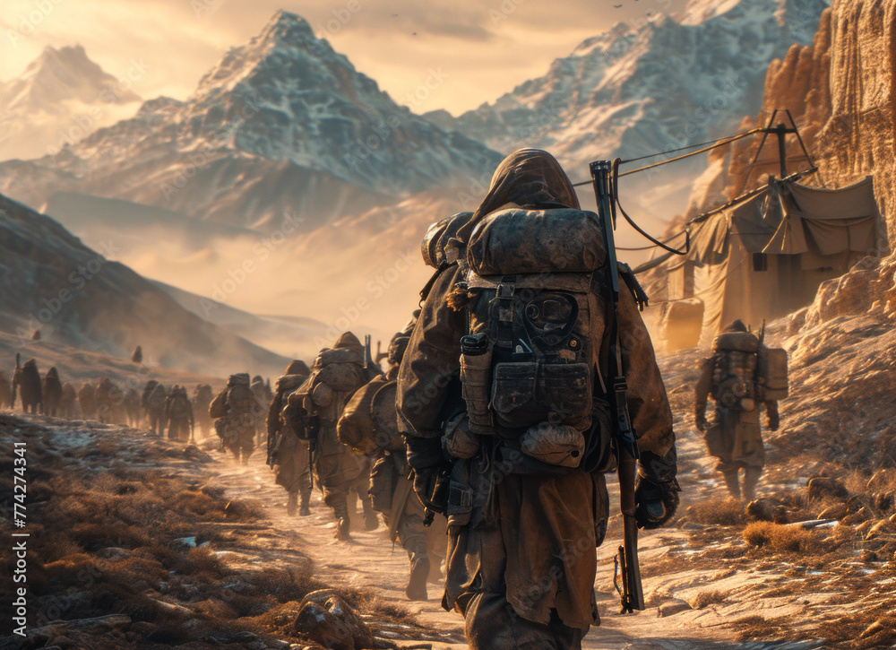 Soldiers walking in line through snowy mountain valley Soldiers walking in line through snowy mountain valley