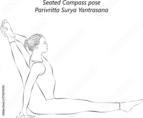 Sketch of woman doing yoga Parivritta Surya Yantrasana. Seated Compass pose. Sundial pose or Sage Visvamitra s  pose. Isolated vector illustration.
