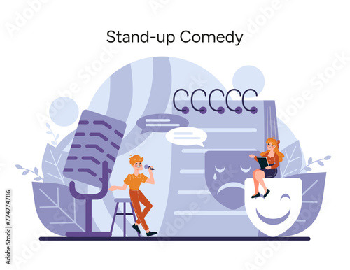 Illustration captures the essence of humor with comedians delighting an unseen audience, evoking laughter and joy