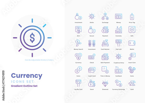 Currency icons set such as, Dollar, Euro, Pound, Yen, Yuan, Rupee, Franc, Peso, Lira, Baht, Rand, Ruble, Won, Shekel, vector stock illustration