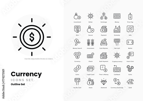 Currency icons set such as, Dollar, Euro, Pound, Yen, Yuan, Rupee, Franc, Peso, Lira, Baht, Rand, Ruble, Won, Shekel, vector stock illustration