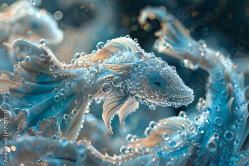 Generate a surreal underwater world where abstract marine animals dance in a ballet of elegance and extravagance  their movements adorned with shimmering jewels and delicate filigree