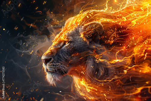 Generate an abstract lion cub portrayed as a mythical creature, with elements of fire and lightning intertwining with its magnificent mane © Izhar