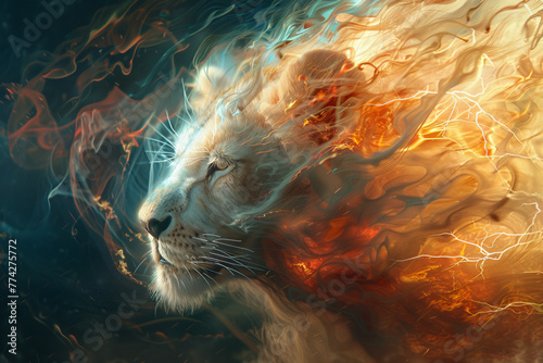 Generate an abstract lion cub portrayed as a mythical creature, with elements of fire and lightning intertwining with its magnificent mane
