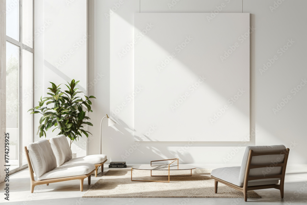 Sunlit modern living room with blank canvas and houseplant Sunlit modern living room with blank canvas and houseplant