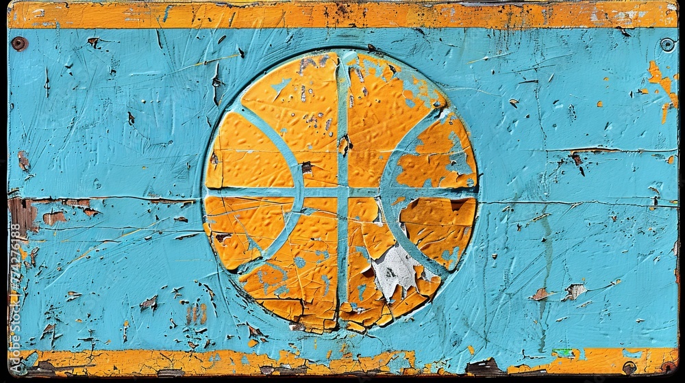 Basketball art on wall in distressed aged textured style in blue orange