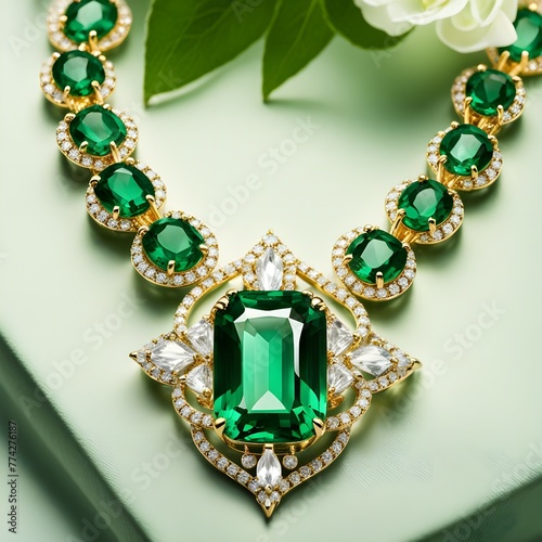 Radiant Emerald Necklace with Diamond Halo on Golden Chain