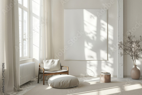 Sunlit minimalist room with chair and blank canvas