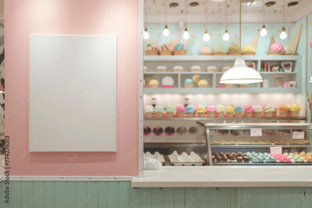 Modern ice cream parlor with blank wall frame and colorful cones