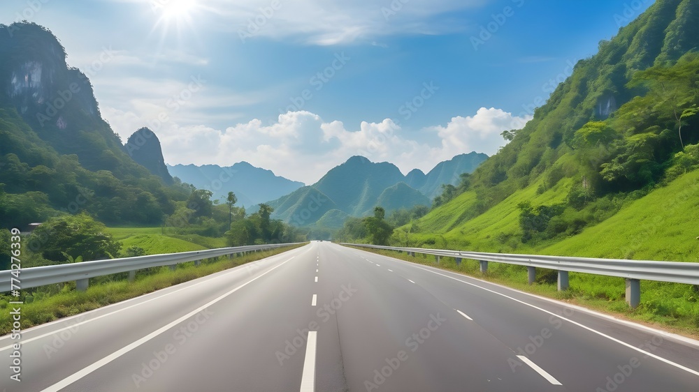 Beautiful highway road  with green mountain and blue sky background.