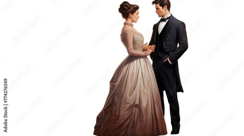 A dapper man in a tuxedo stands gracefully alongside a woman in a stunning dress