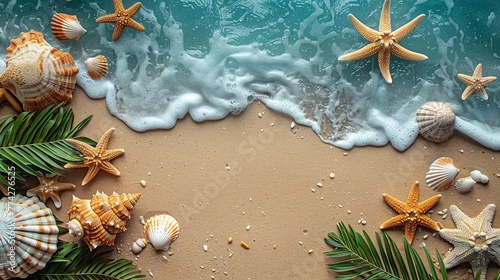 Summer Vacation Flatlay Waves Ocean Sand Palm Aerial View Copy Space photo